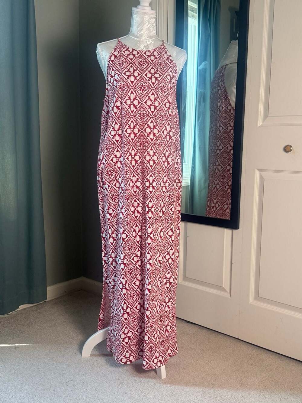 Boden US 10R Red White Tile Floral Cotton Maxi Dress Coastal Boho Resort